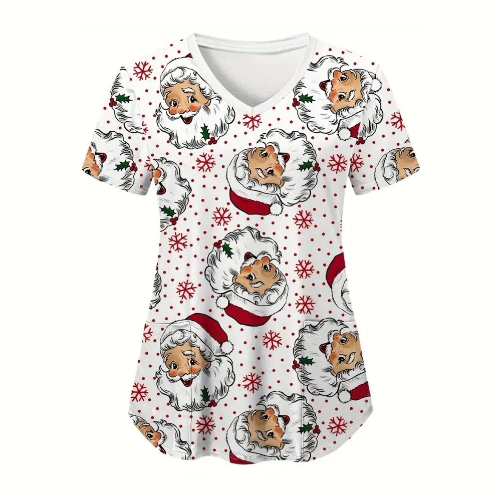 Uniformes cirúrgicos mulher natal boneco de neve impressão enfermeira topos verão moda com decote em v com bolsos manga curta mulher uniforme médico