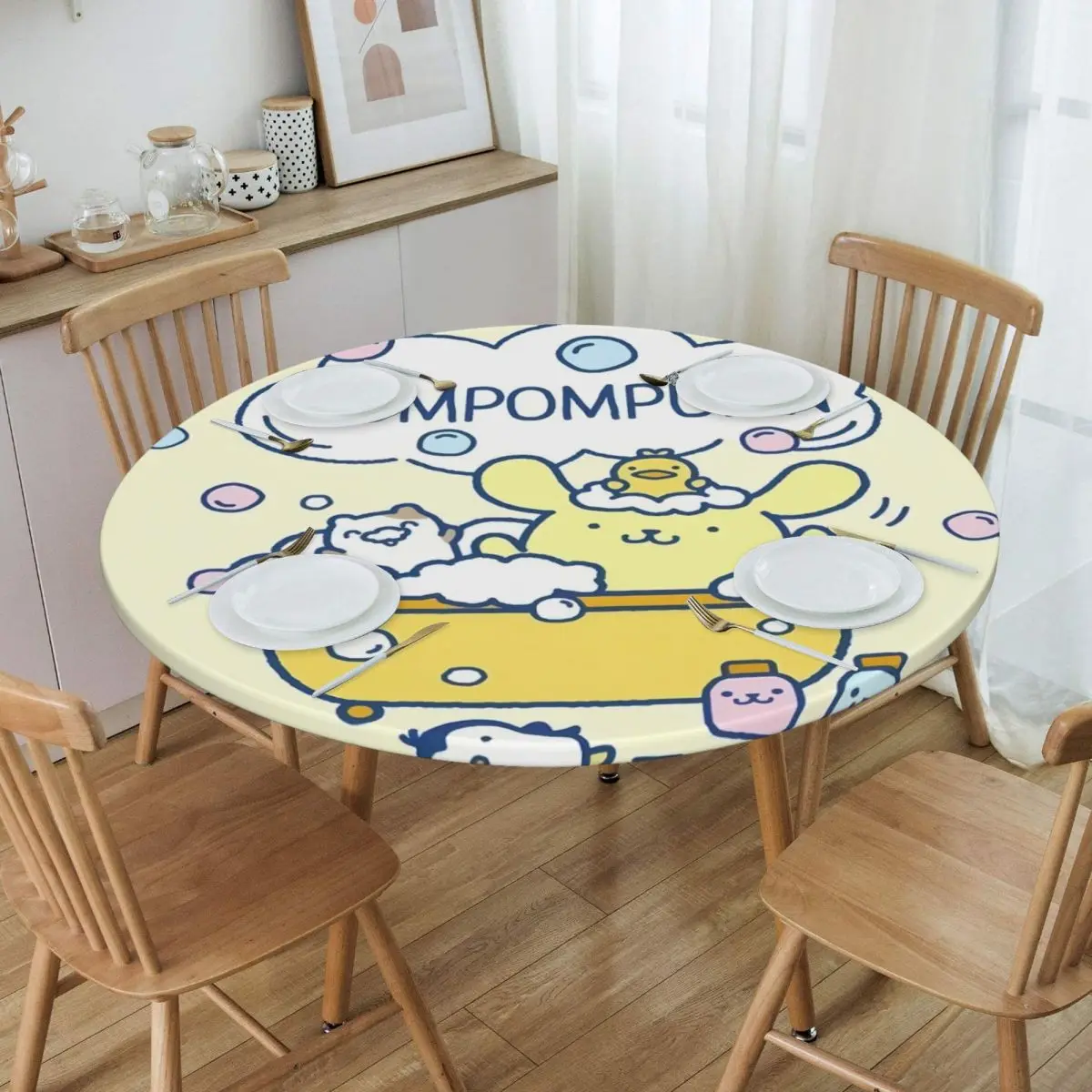 Customized Round Oilproof Pompompurin Sanrio Cartoon Table Cover Fitted Table Cloth Backed Edge Tablecloth for Dining