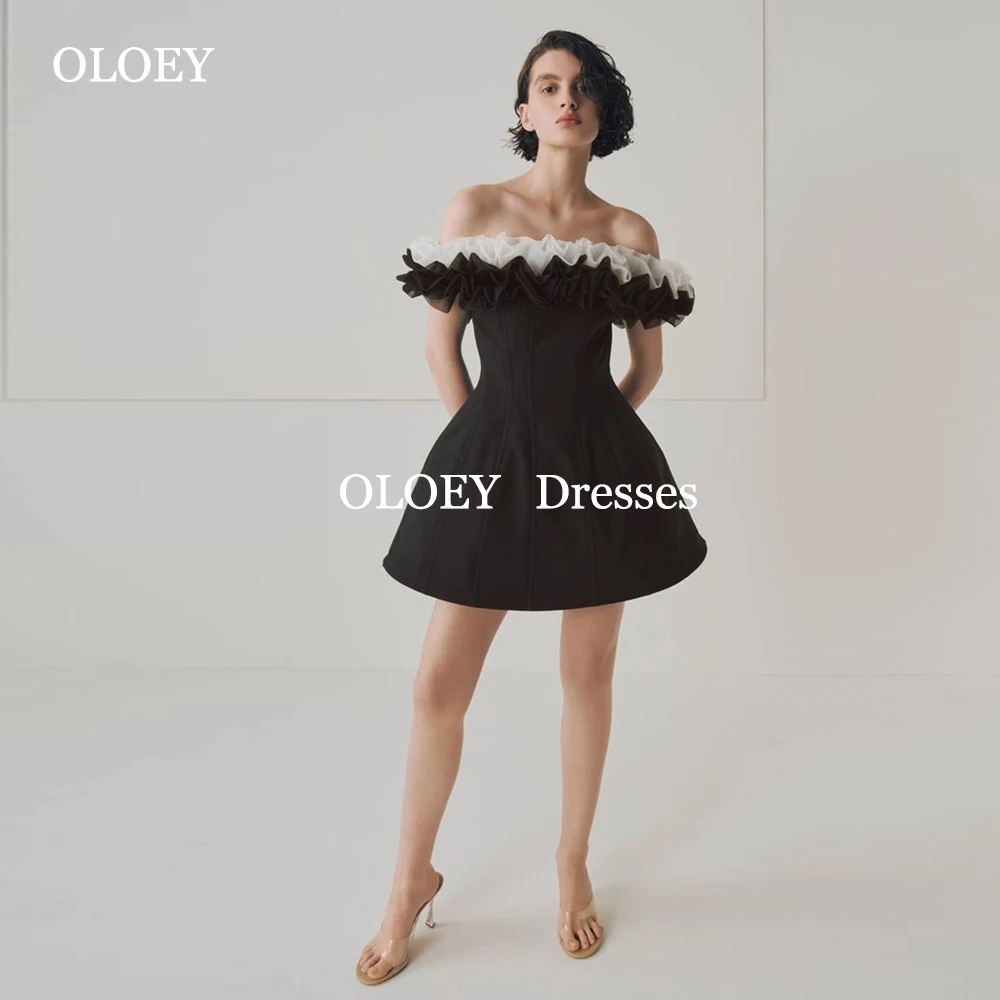 

OLOEY Modern Black Off Shoulder Short Prom Cocktail Dresses Customized Pleats A Line Mini Wedding Party Gowns Zipper Modern