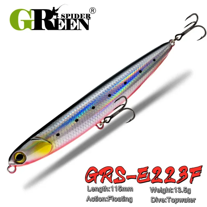 GREENSPIDER Neue Bleistift-Angelköder, künstlicher Stickbait, Oberflächenwanderer, schwimmende Angelköder, 115 mm/13,5 g, Bass Pesca