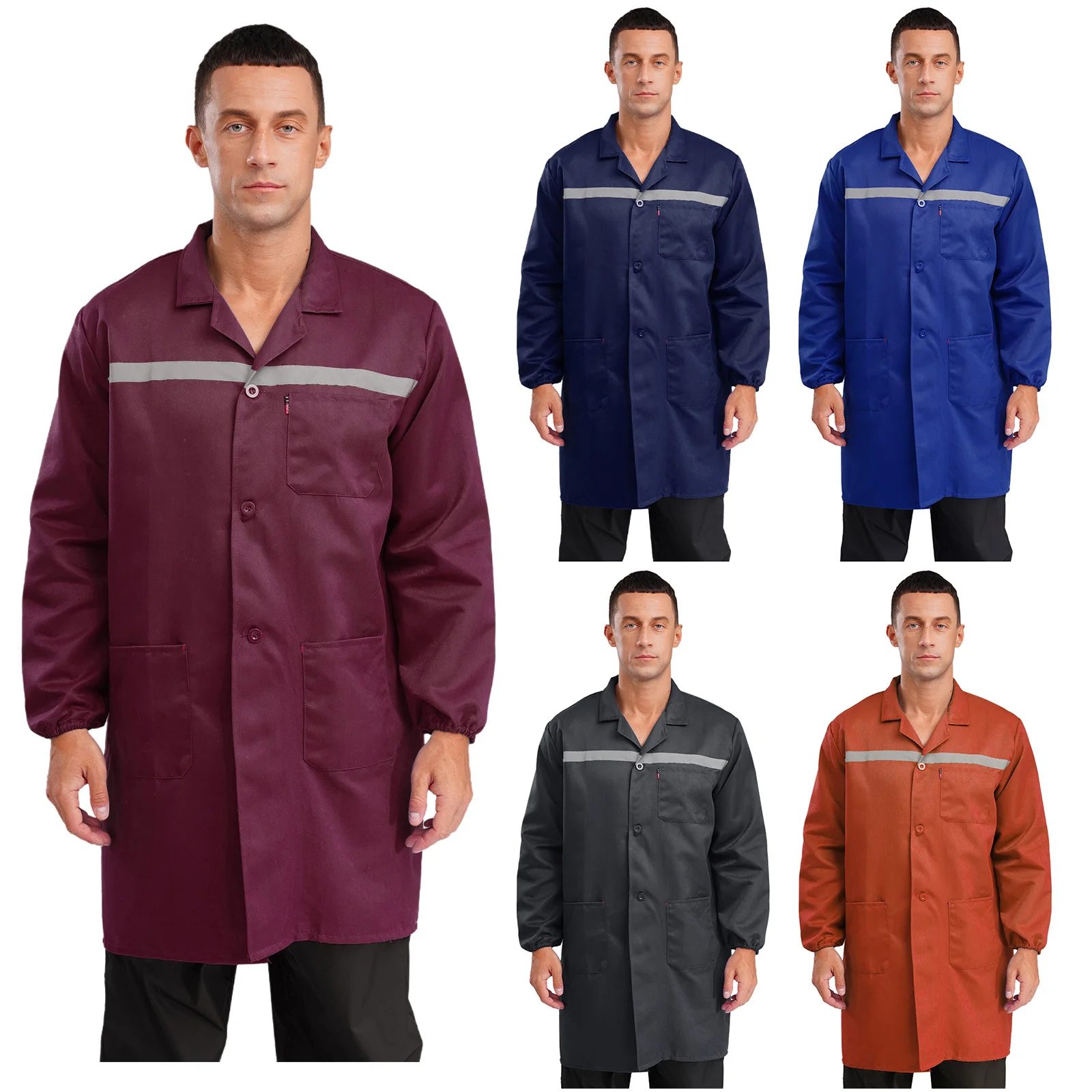 Adult Reflective Strips Dustproof Work Jacket Long Sleeve Button Up Coat with Pockets Workshop Uniforms Wear Resistant Outerwear