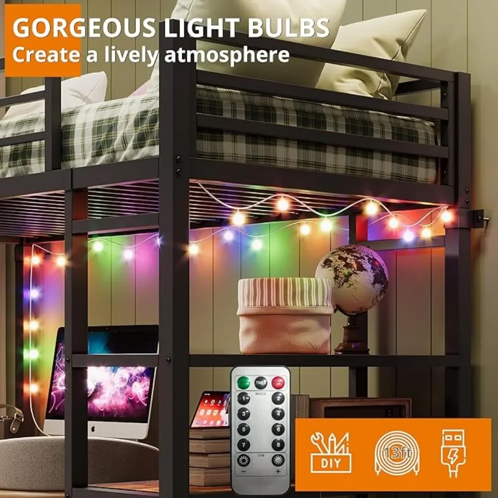 Cama alta tamaño doble con escritorio y estantes en forma de L, estructura de cama tipo loft de metal resistente con toma de corriente y iluminación LED