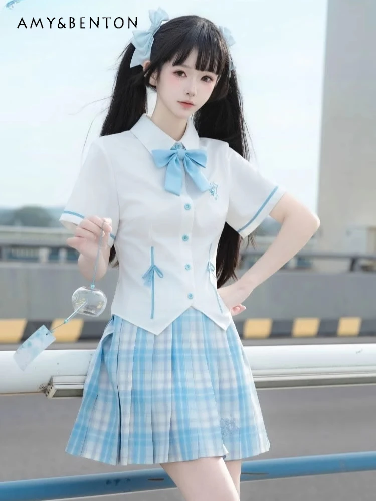 

Preppy Style Japanese Jk Uniform Suit Summer New Cute Splicing Color Bow Short Sleeve Slim Shirt Pleated Skirt Two-piece Set