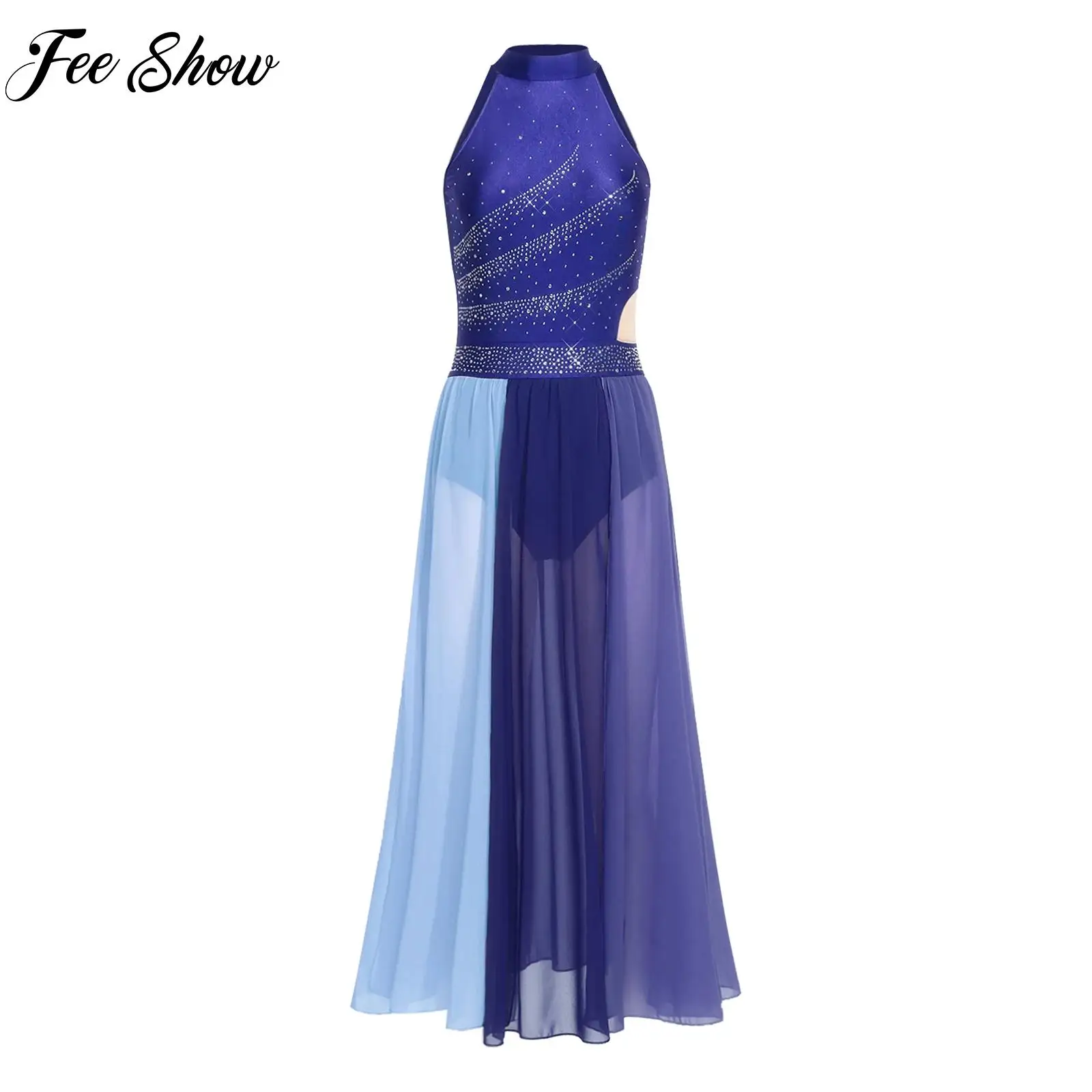 

Womens Lyrical Dress Modern Dance Stage Performance Party Costume Sleeveless Rhinestone Mesh Slit Hem Leotard Dress Dancewear