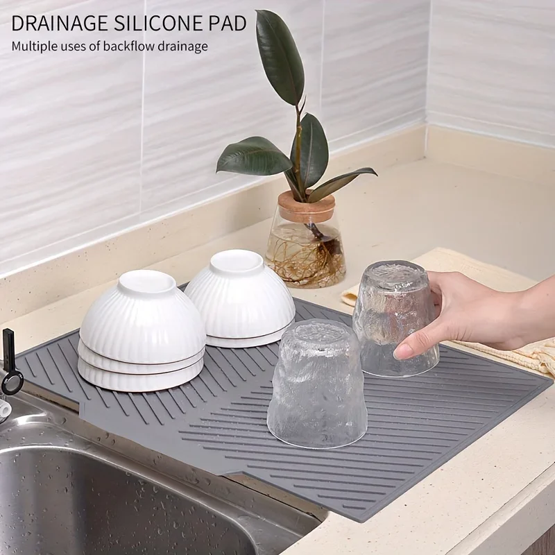 Kitchen Dish Drying Silicone Mat Raised Stripes Outlet Design Countertop Sink Draining Pad Non-slip Tableware Insulating Mat