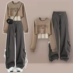 Women's 2024 Autumn New Vintage Tracksuit Matching Set Korean Loose Short Fake Two Piece Sweater+Wide Leg Cargo Pants Suit