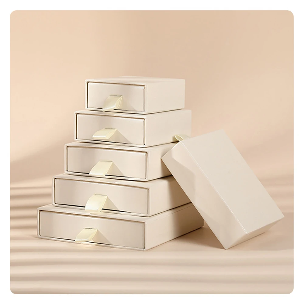 10 Bulk Luxury Hard Rigid Cardboard Sliding Jewellery Gift Box Beige Paper Drawer Jewelry Ring Stud Earring Packaging Boxes Case