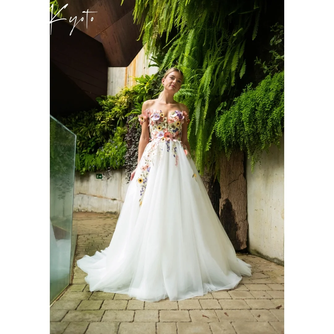 

Kyoto индивидуальное красочное свадебное платье с открытыми плечами и цветочной вышивкой, элегантное вечернее платье трапециевидной формы Vestidos De Noche с длинным шлейфом