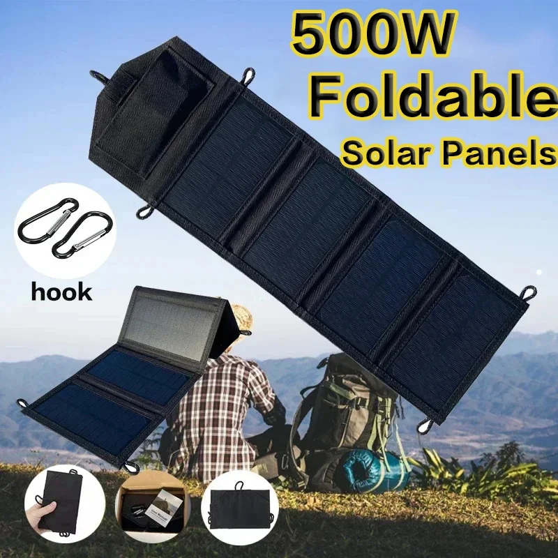 500w Solar Panel 12V Usb Portable Foldable Waterproof for Cell Phone Power Bank Battery Charger Outdoor Camping Hiking Fishing