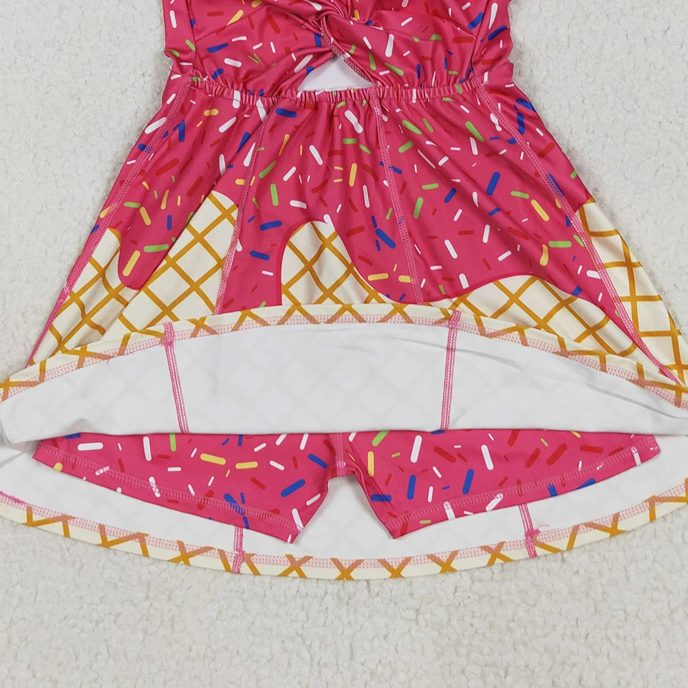 طفل الفتيات الوردي الداكن رش فريق اليوغا نشط الركبة طول فستان بلا أكمام الوردي الساخن آيس كريم رش الفتيات ملابس رياضية