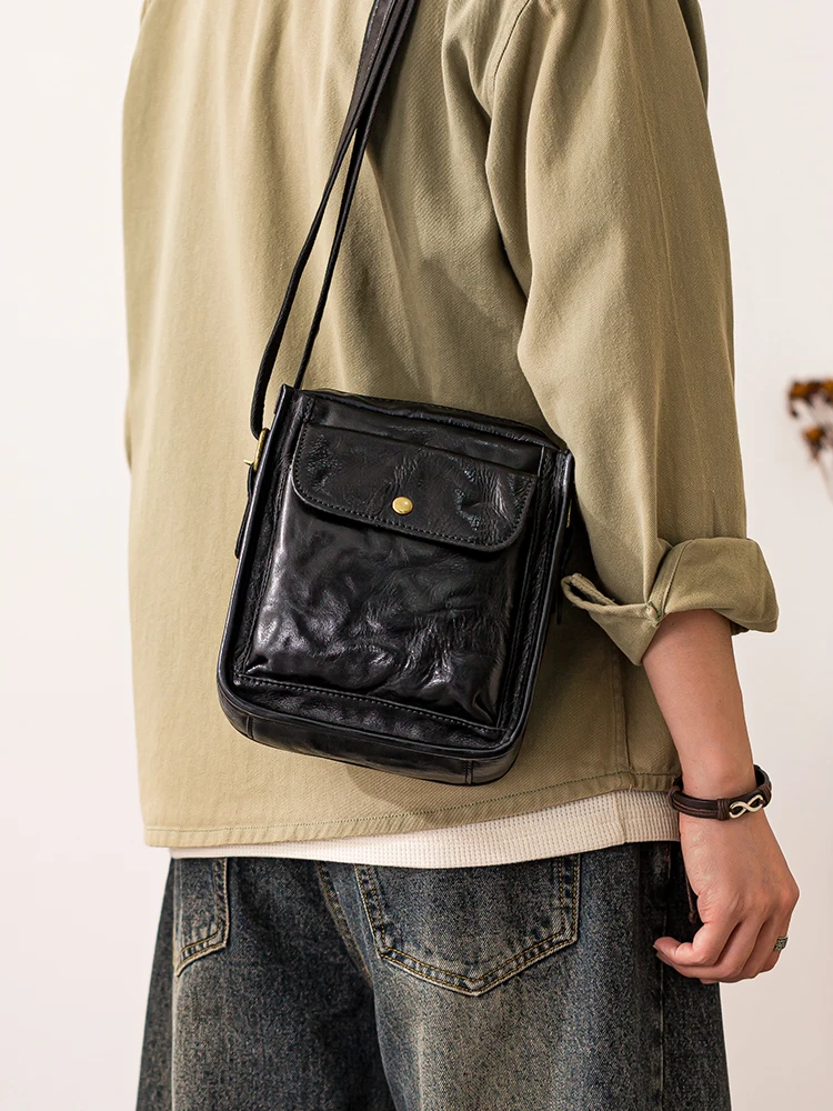 Simple casual designer handmade first layer cowhide men's mobile phone bag outdoor weekend daily genuine leather shoulder bag
