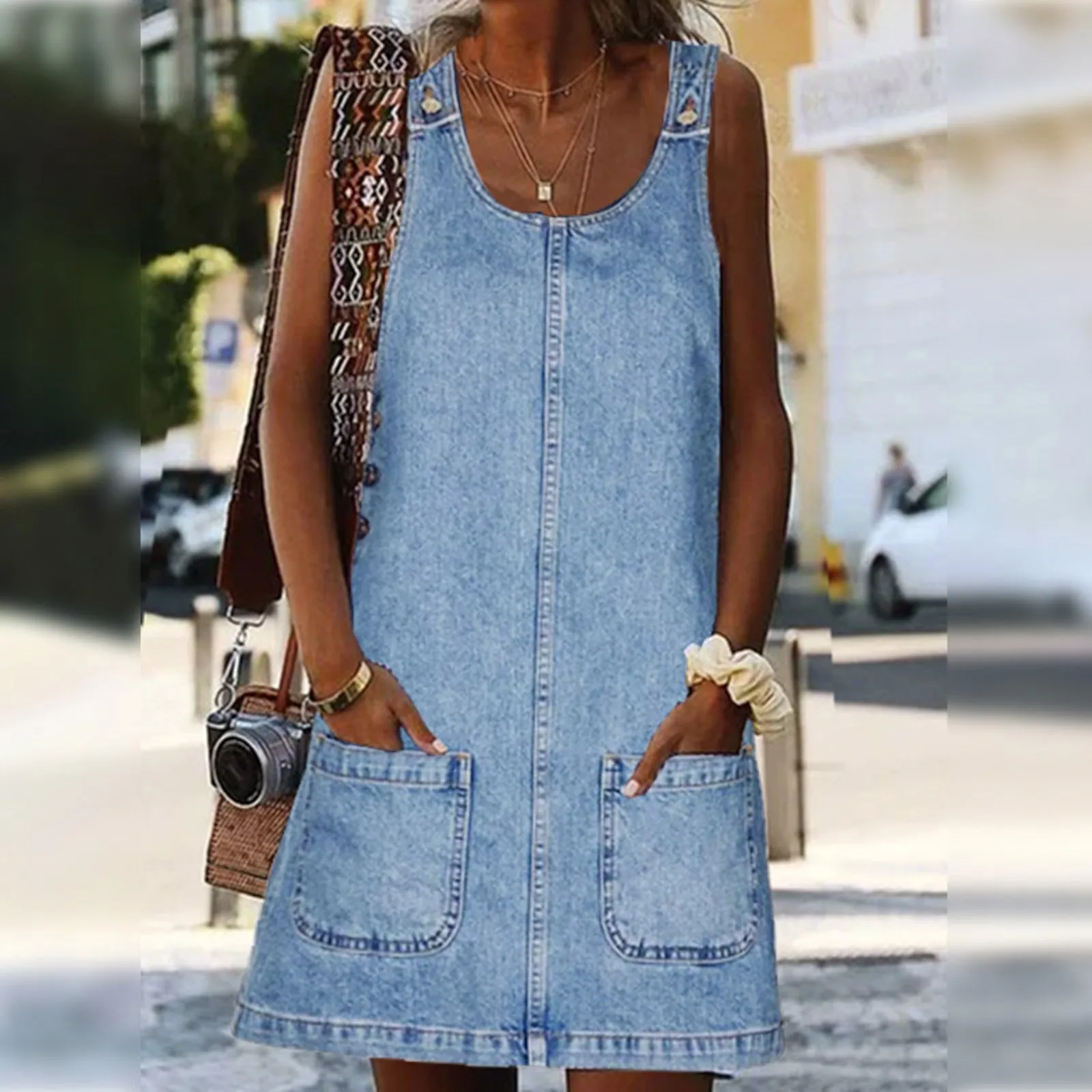 Women's Popular Fashion Denim Dress Summer Sexy Cool With Pockets Strap Dress Female Vintage Wash Blue Jean Denim Dresses 2024