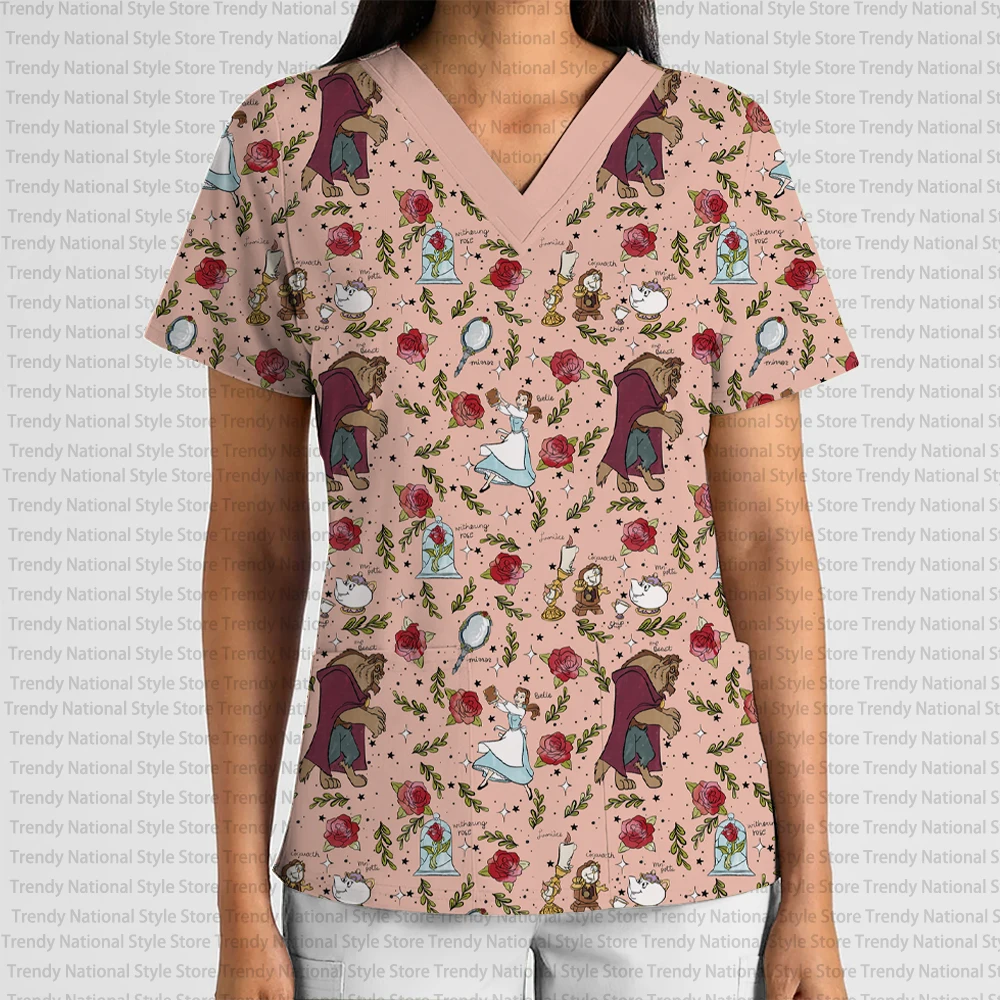 New Disney Cartoon Work Print V-Neck Pocket Short Sleeve Sand Top Dental Pet Shop Beauty Salon Nurse Medical Clothing T-shirt