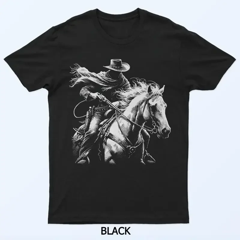 Cowboy Outlaw Bandit on Horse, Dark Western Style Black T-Shirt
