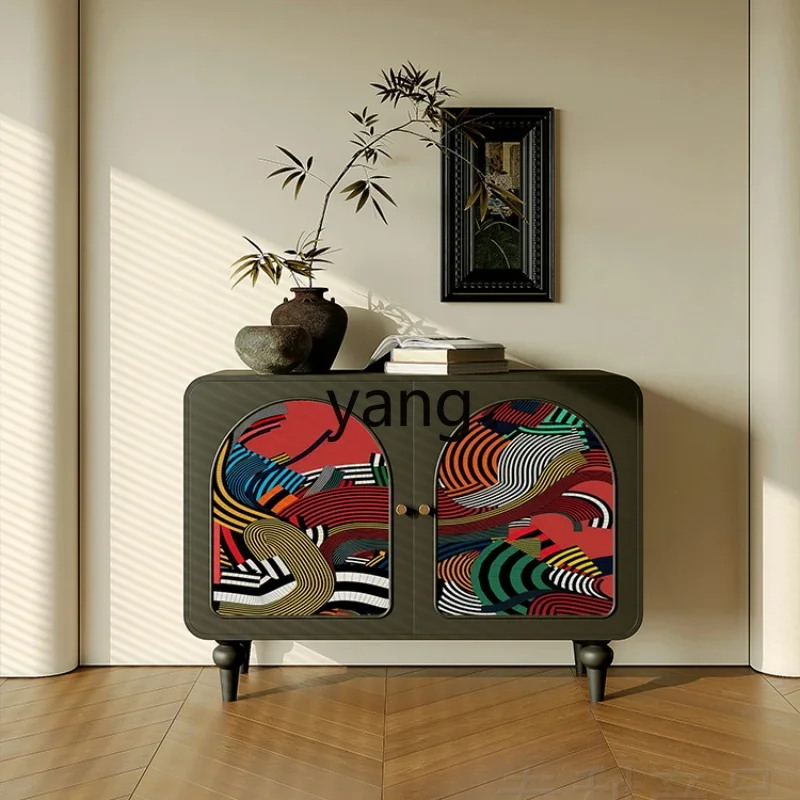 LH Abstract Retro Entrance Cabinet Living Room Solid Wood Painted Locker Bedroom Double Door Decorative Standing Cabinet