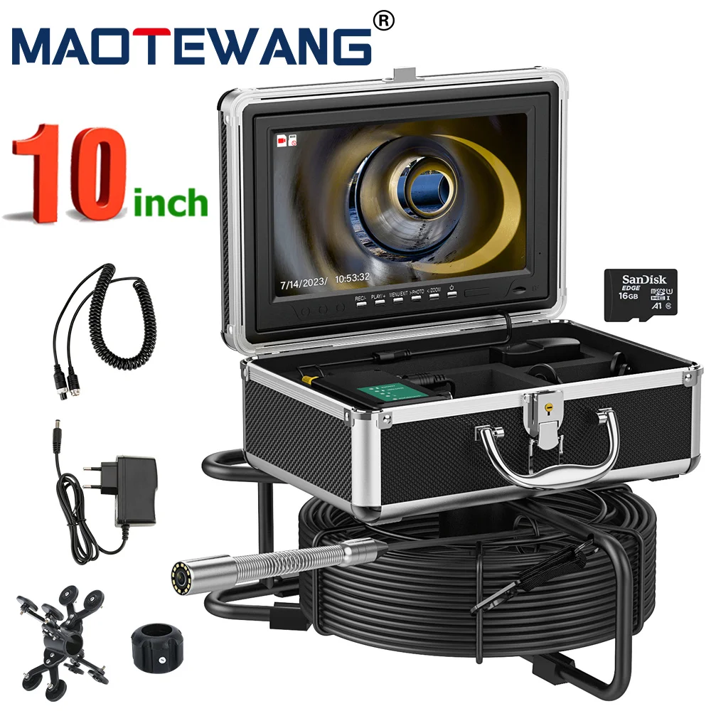 

10" IPS Pipe Sewer Drain Inspection Camera 512hz Transmitter AHD 1080P Screen Video+Audio Recording 5X Image Enlarge Borescope