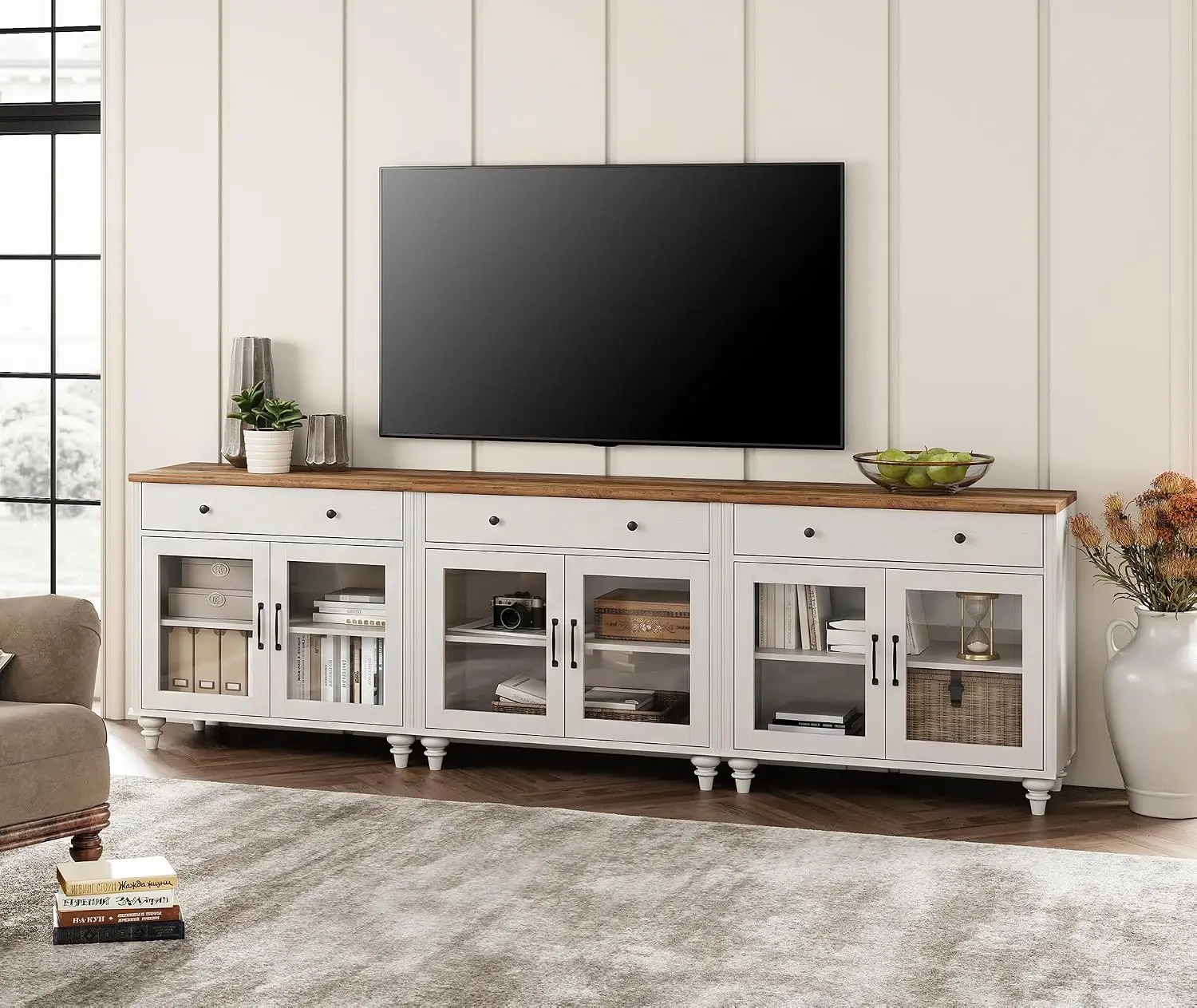 White Wood TV Stand 6 Glass Doors & 3 Drawers for 100 Inch TV, Farmhouse Entertainment Center Console Living Room, Customized