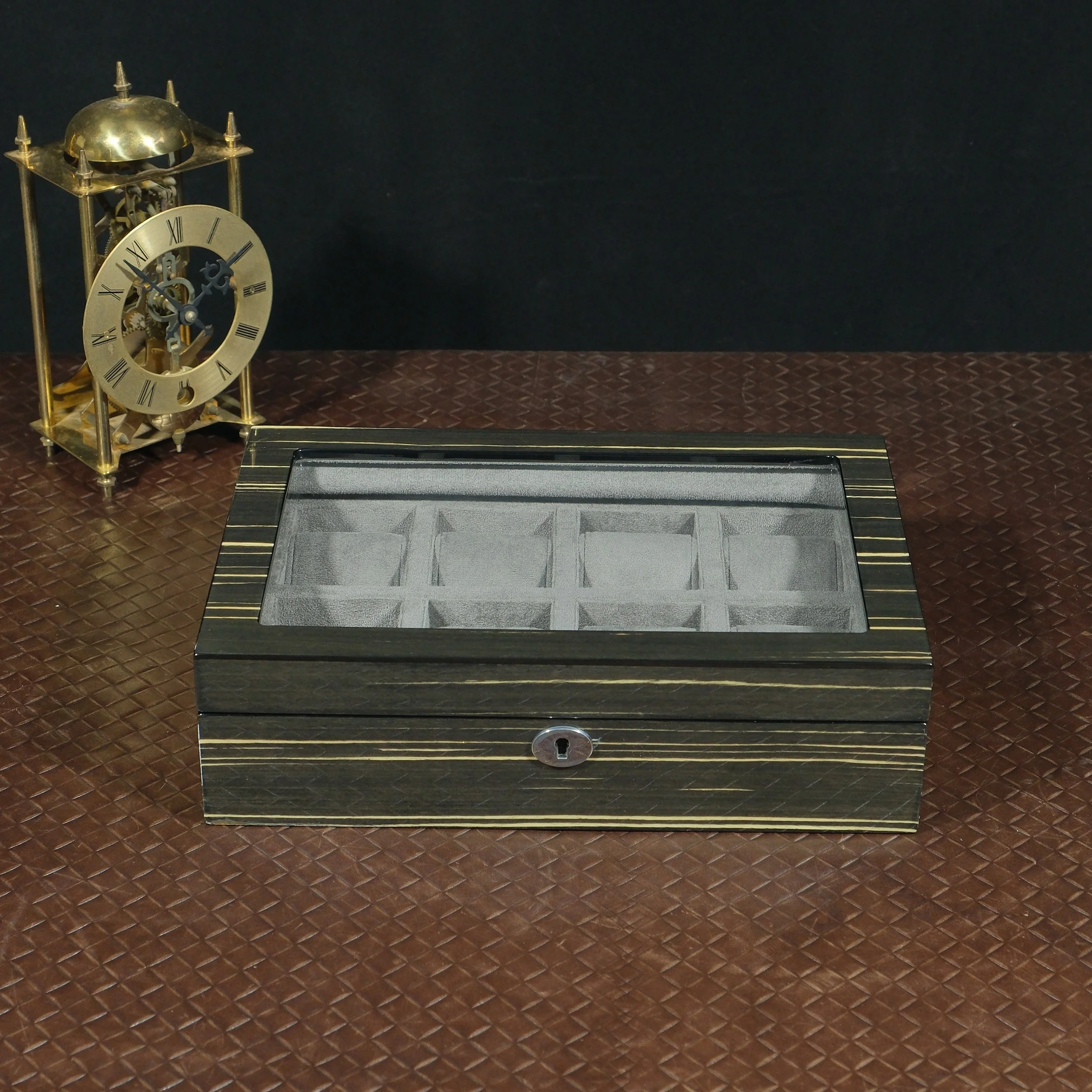 Luxury 8 Slot Black White Burl Wood Grain High Gloss Protective Lock Watch Box Gray Velvet Lining Storage Display Case Packaging