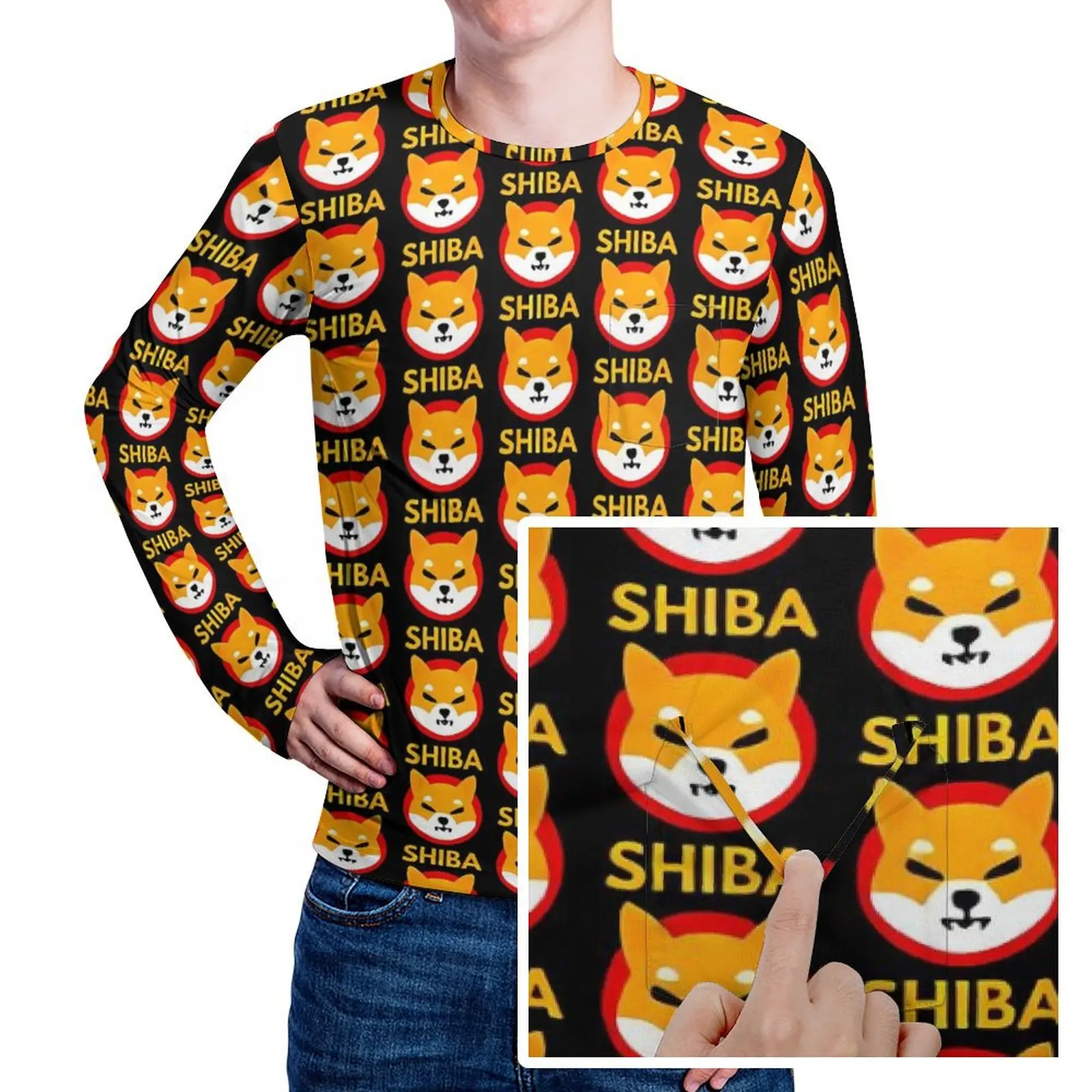 

Футболка с криптовалютой Shiba Coin, футболки в стиле хиппи с карманом, топы с длинными рукавами, повседневные базовые футболки большого размера