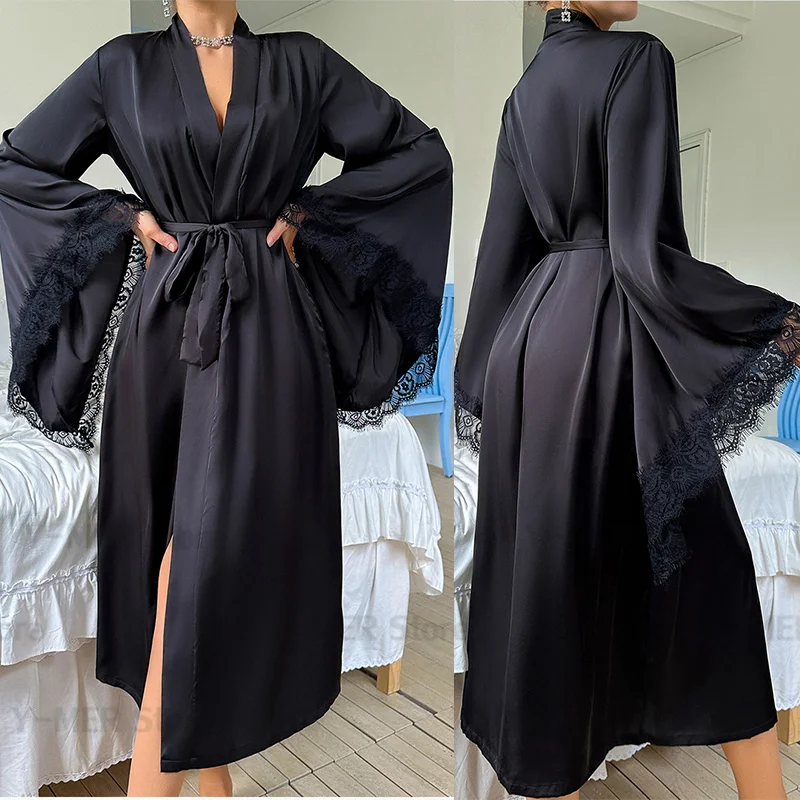 

Black Nightgown Women Luxury Sleepwear Big Lace Splicing Sleeve Kimono Satin Robe 2025 New Spring Wedding Dress Loungewear