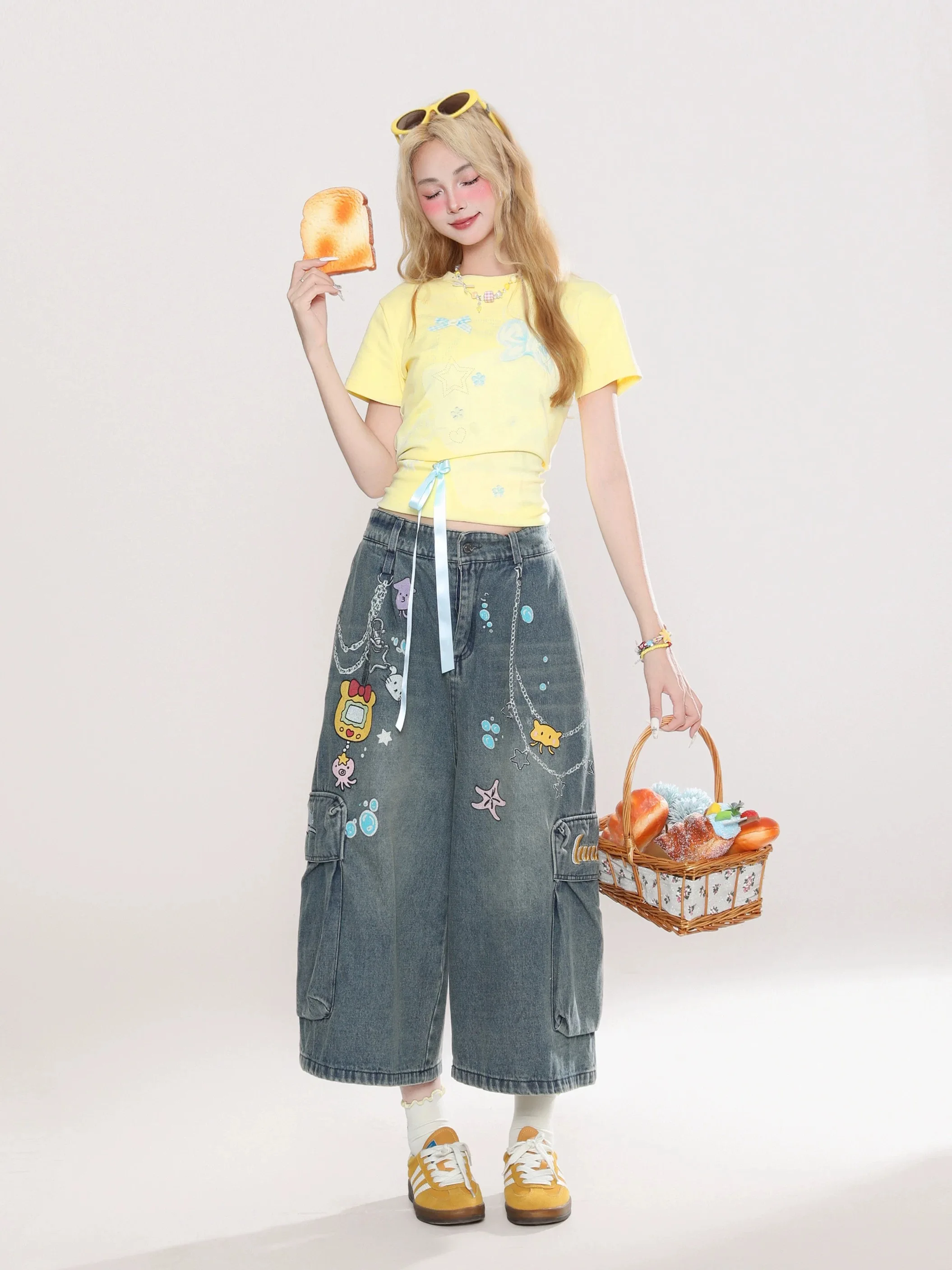 Y2K American Ins Slim Jeans larghi da donna Casual Fashion Street Basic Simple Jeans da donna Retro Blue Chicly Pantaloni a gamba larga Donna