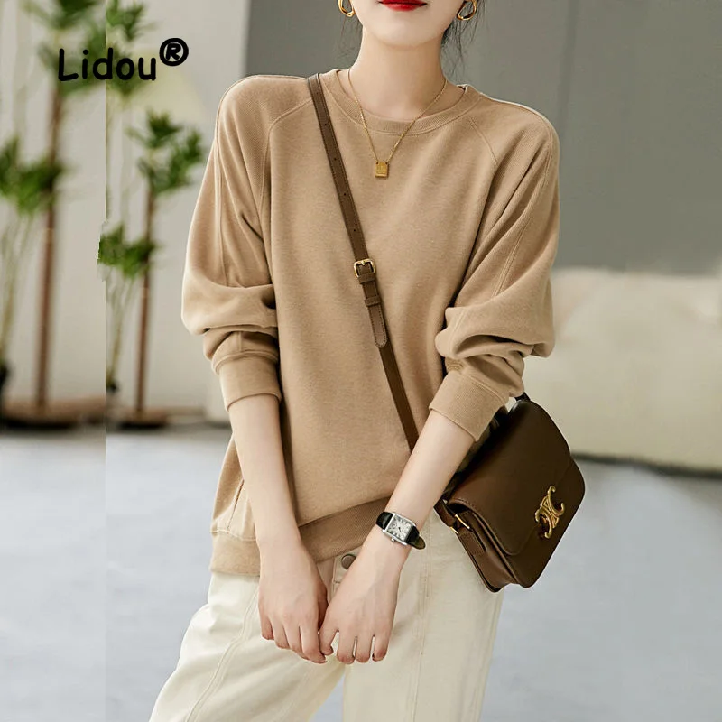 Autumn Fashion Solid Color Loose All-match Sweatshirts Women Bottoming Shirt New Classic Long Sleeve O-collar Lady Top 2022