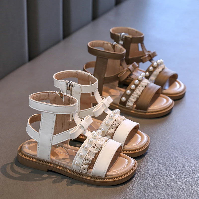 

Повседневные сандалии с открытым носком и высоким берцем для маленьких девочек, летние милые модные сандалии с воланами для девочек, украшенные бисером и бантом принцессы