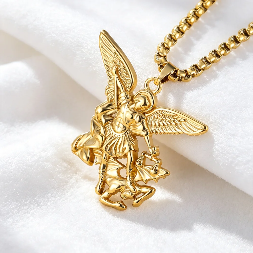 CoolTime Stainless Steel St. Michael Archangel Pendant Necklace San Miguel Medal Patron Saint Protection Amulet Box Chain Gift