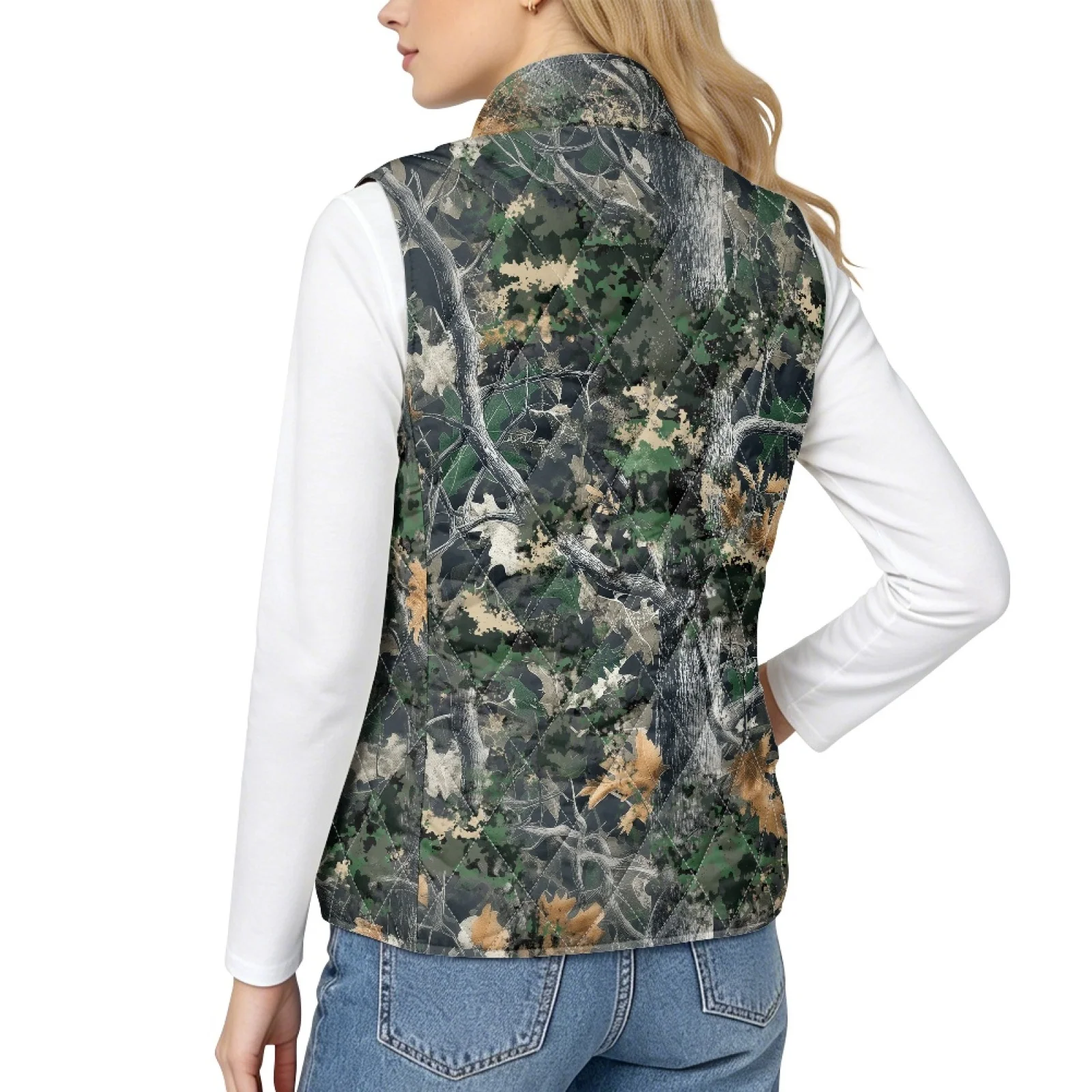 PENSTROLL Woodland Camo Pattern Sleeveless Quilted Jacket Easy to Pack Elderly Women Sleeveless Jacket Lightweight Vest Jackets