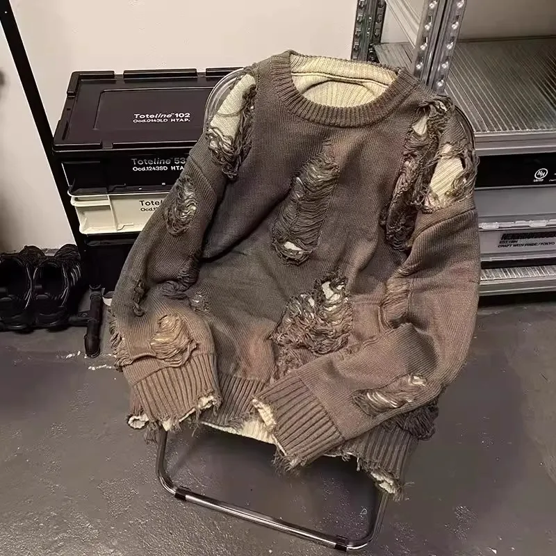 

Свободный крой, большой размер 300, мужской вязаный свитер, круглый дизайн Ne Hole, осень-зима, Гонконгский повседневный дышащий Po...