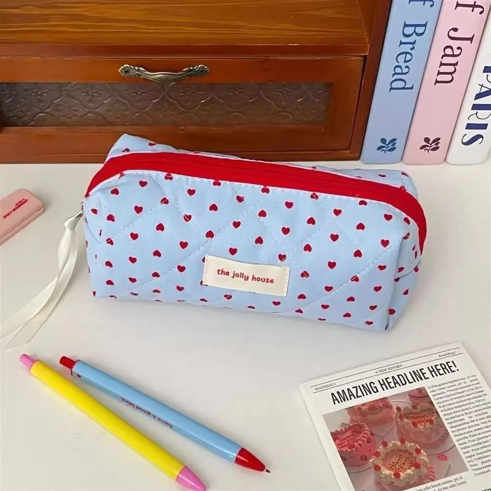 New Quilted Makeup Bag Heart Print Large Capacity Cosmetic Bags Blue Pen Bags Travel Organizer