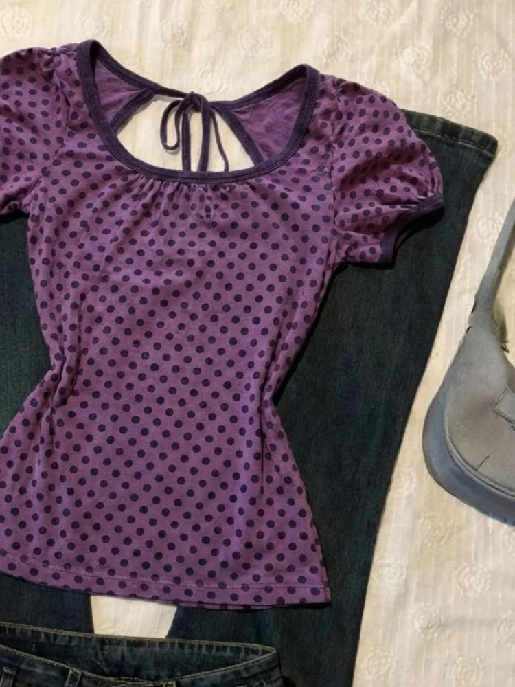 American Pure Sweet Purple Polka-dot Print Tops Women Backless Lace-up Bubble Sleeves Slim T-shirt New Sexy Y2k Clothing Summer