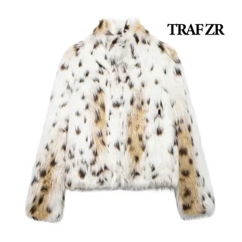 Traf zr acolchoado casaco de inverno feminino pele artificial quente mulher casacos de inverno neve parka americano retro leopardo impressão casacos
