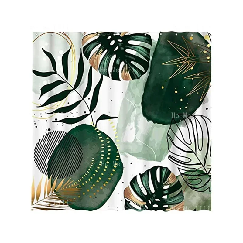 Fun Tree Green Chic Abstract Shower Curtain Set Hooks Boho Leaf Tropical Watercolor Simple Minimalist Modern Bathroom Bath Decor