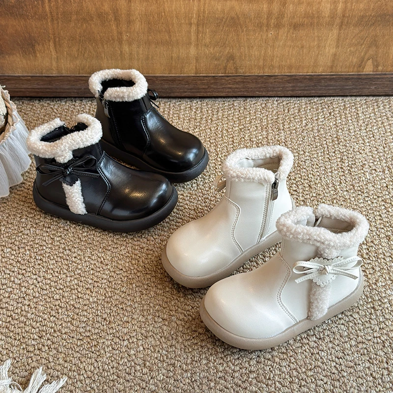 Cozy Plush Ankle Boots for Little Girls 2026 New Winter Toddler Warm-lined Leather Boots Non-slip Simple Princess Party Footwear