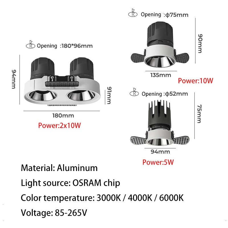 Focos LED sin bordes de doble cabezal COB, lámpara de techo integrada redonda, Foco de rejilla de aluminio, iluminación interior, 110V, 220V