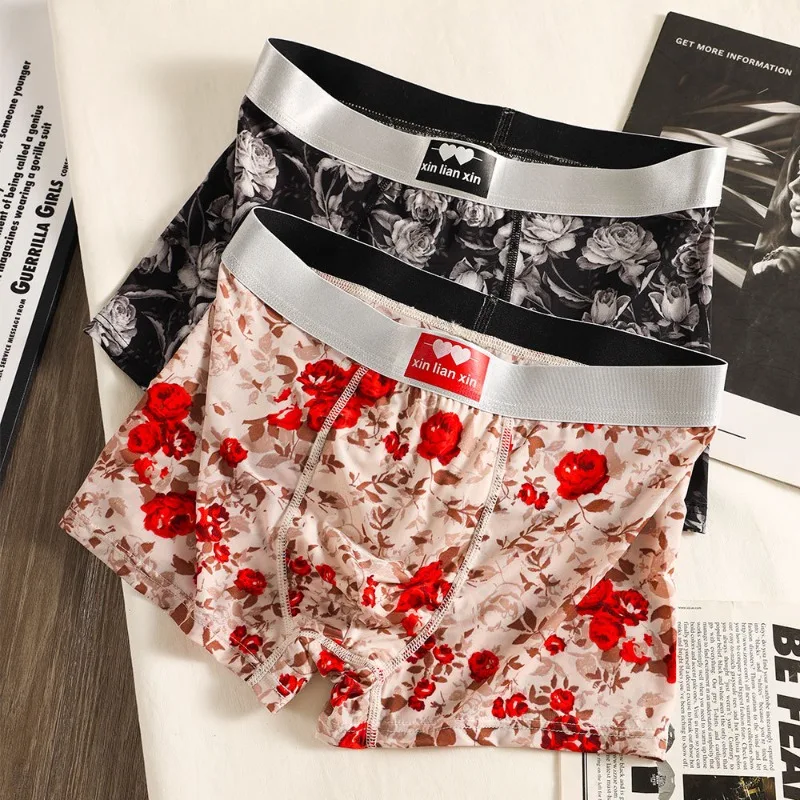 New Ice Silk Men's Underwear with American Rose Print, Soft, Comfortable, Stylish, Plus Size Boxer Briefs with Mid-Rise Waist