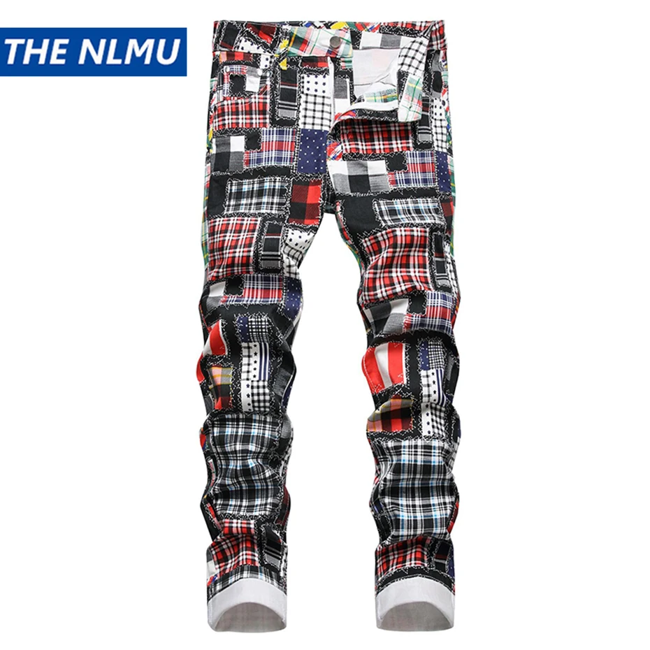 

Men's Fashion Jeans Plaid Printed Slim Denim Pants Streetwear Hip Hop Man Jeans Trousers