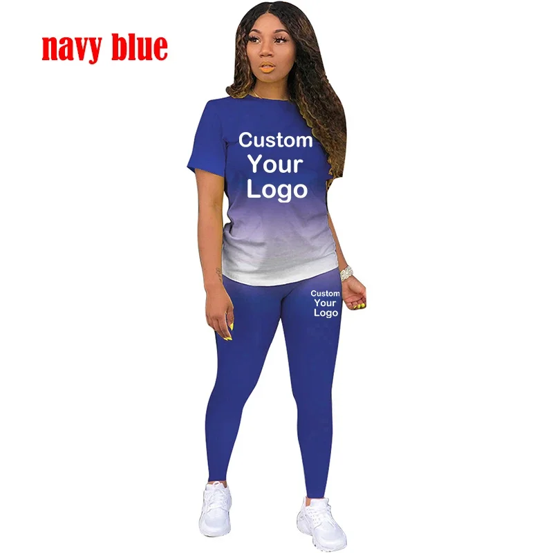 Custom LOGO Women Tracksuit Brand Summer Short Sleeve T Shirt and Pants Two Piece Set Homewear Diy Design Female Outfits