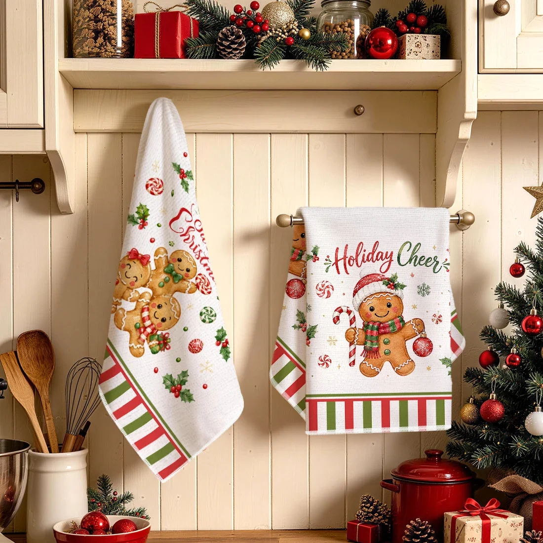 2pcs Set Kitchen Towels Funny Gingerbread MenHand Towels Christmas Decorations For Home Noel Dish Towels Gifts