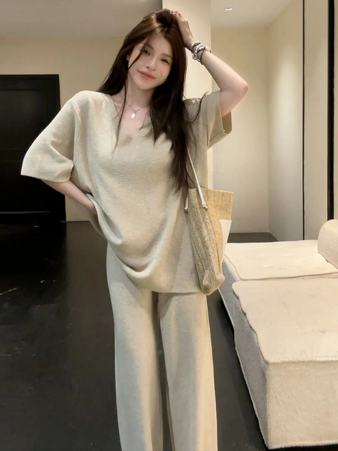 Korean Style Summer Early Spring Casual Wide Leg Pants Set Sweet Style Short Sleeve V-Neck T-Shirt Long Pants Two-Piece Suit