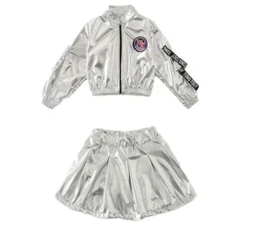 1set/lot  Boy girl Hip-hop Set Silver Color Jazz Dance Costume Children Performance jazz Clothes Dance Costume