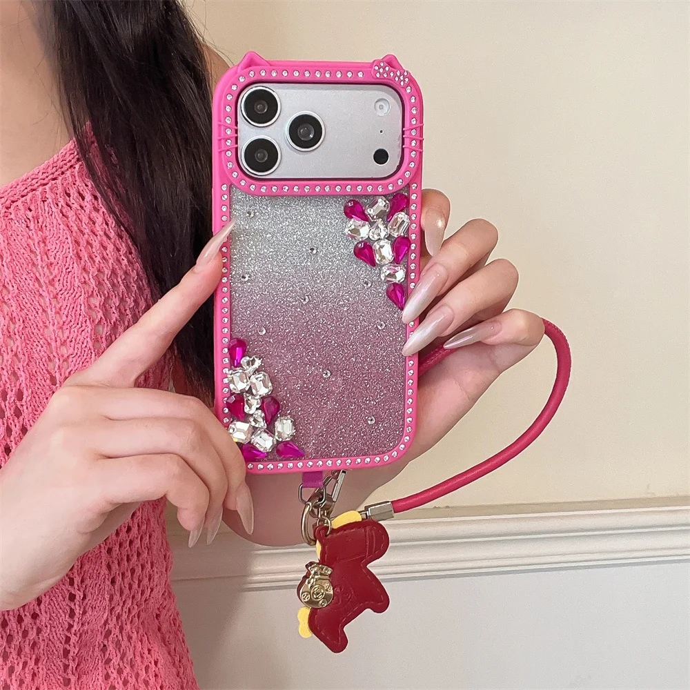 Sparkly Cat Ear Frame Dual Corner Rhinestone Phone Case for 17 Pro Max Shimmer Glitter Pony Charm Strap Cover for iPhone 16-13