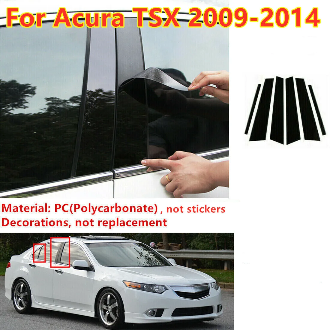 

6Pcs Gloss Black Cover Pillar Posts Door Window Trim Kit For Acura TSX 2009-2014