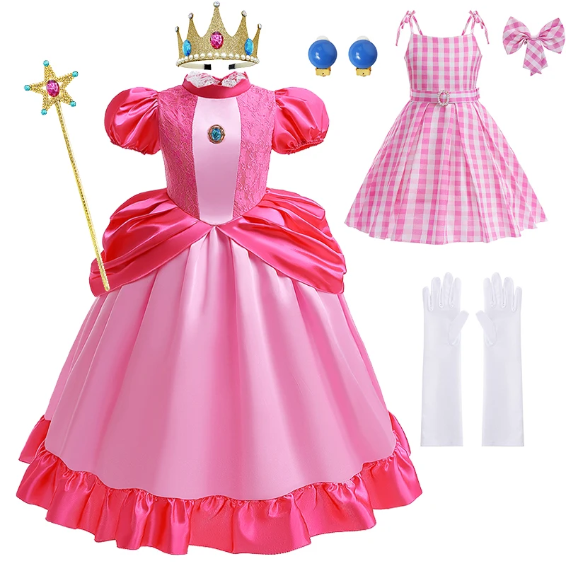 Bros Moive Game Girls Cosplay Peach Pink Dress up Lace Ball Gown Princess Costume Kid Cute Halloween Clothing Frock Wand 2-10Yrs