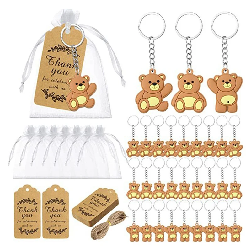 

AB25-20PCS Baby Shower Souvenirs Gift Bear Keychain Organza Bag Thank You Kraft Tag For Guests Girl Boy Birthday Party Supply