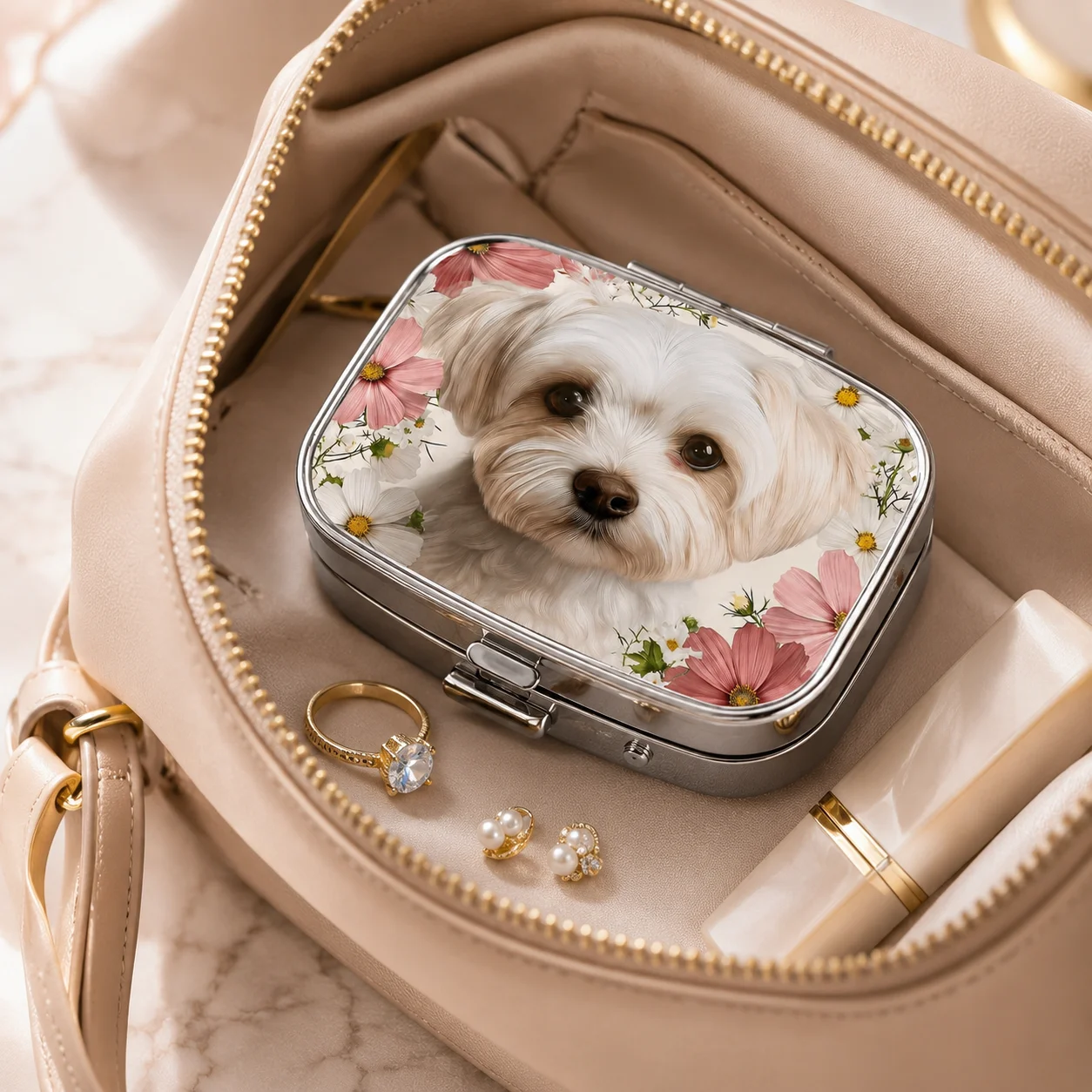 Mini Pill Box Cute Dog Floral Metal Jewelry Box Portable Travel Medicine Organizer for Women Vitamins Earrings Storage Case