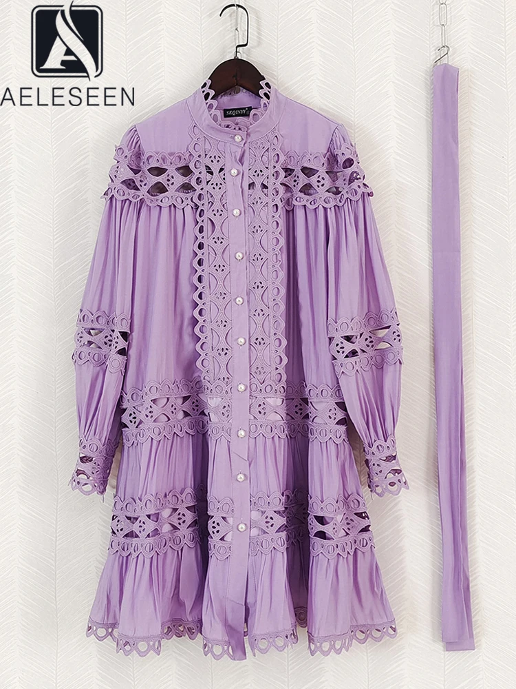 

AELESEEN Fashion Runway Women Mini Dress Autumn New Purple Blue Solid Hollow Out Lantern Sleeve Belt Pearls Casual Loose