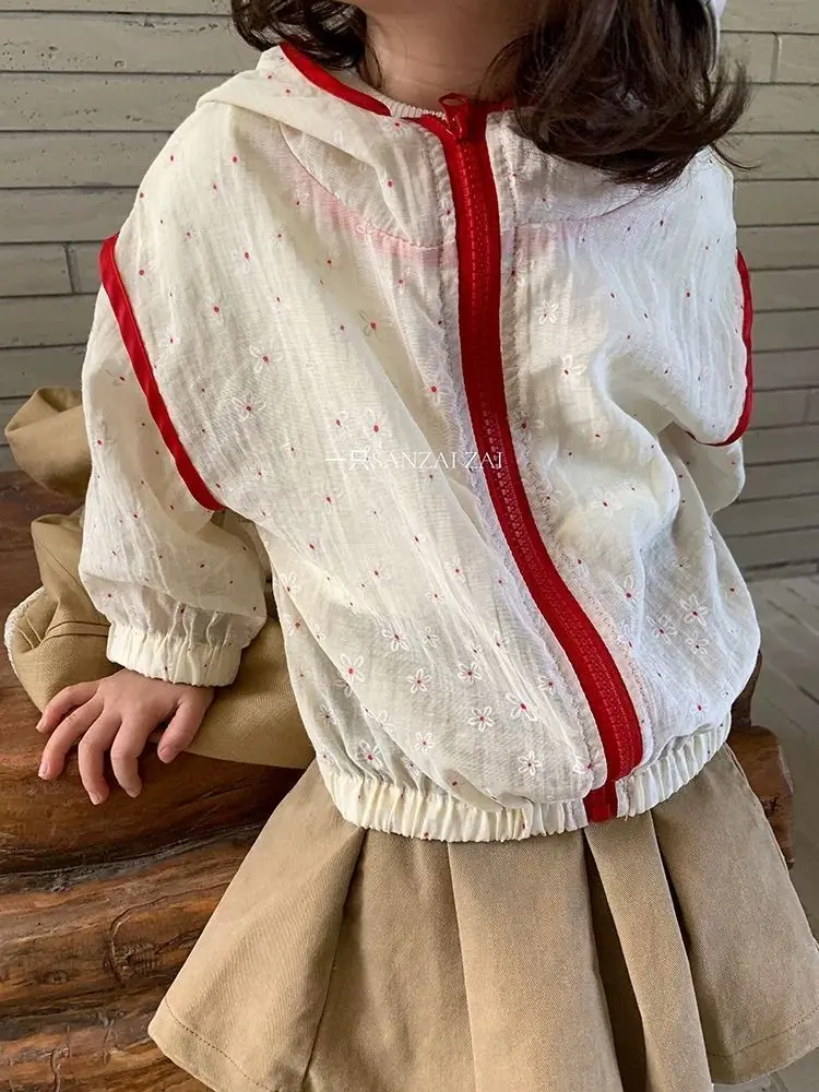 Girls' Sunscreen Jacket Spring/Summer New Style Children's Baby Stylish Contrast Color Hooded Thin Top