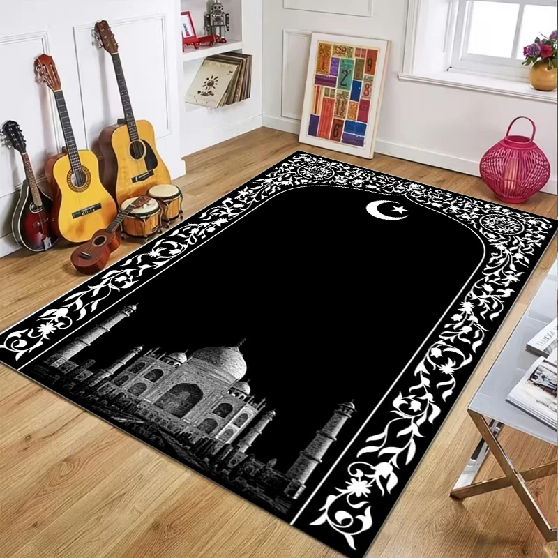 Islamic Prayer Rug Muslim Worship Mat Crescent Moon Kaaba Pattern Decorative Floor Carpet for Living Room Bedroom Home Decor